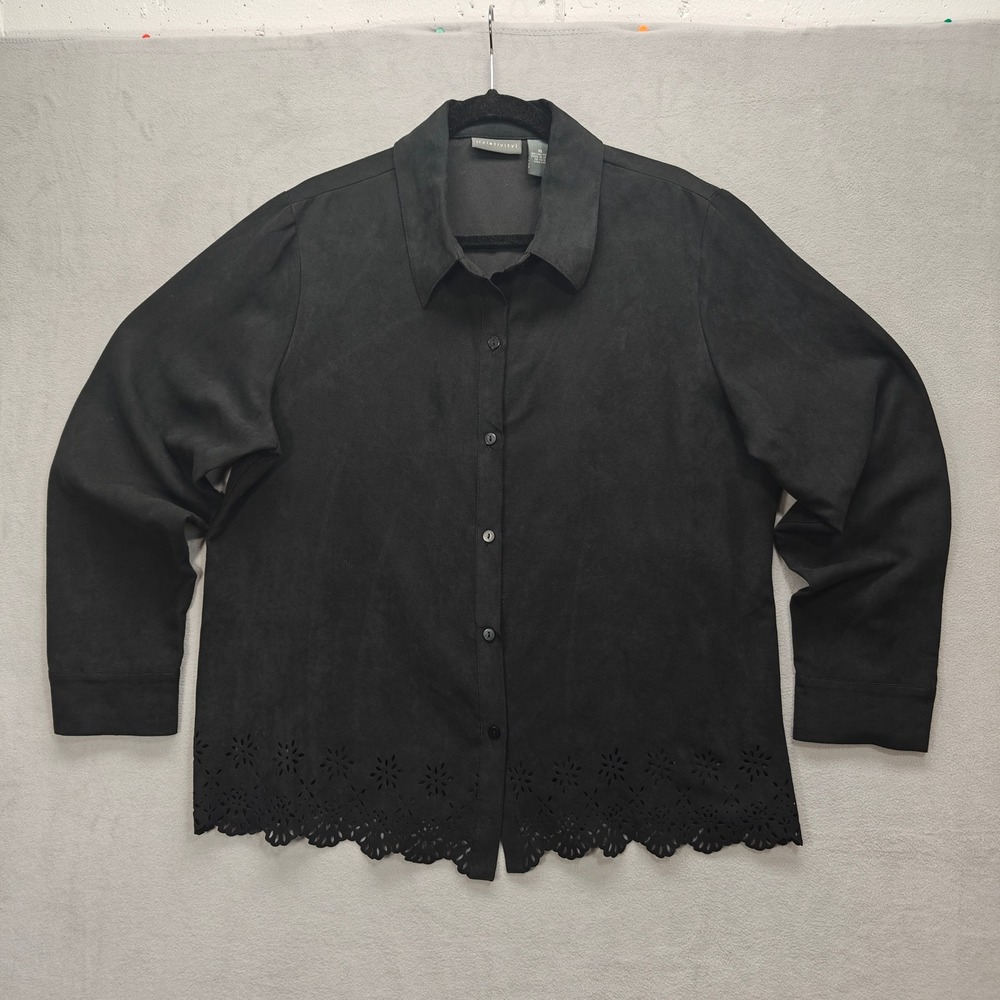 Relativity Faux Suede Button Up Top Womens XL Scallop Eyelet Hem Whimsigoth Emo